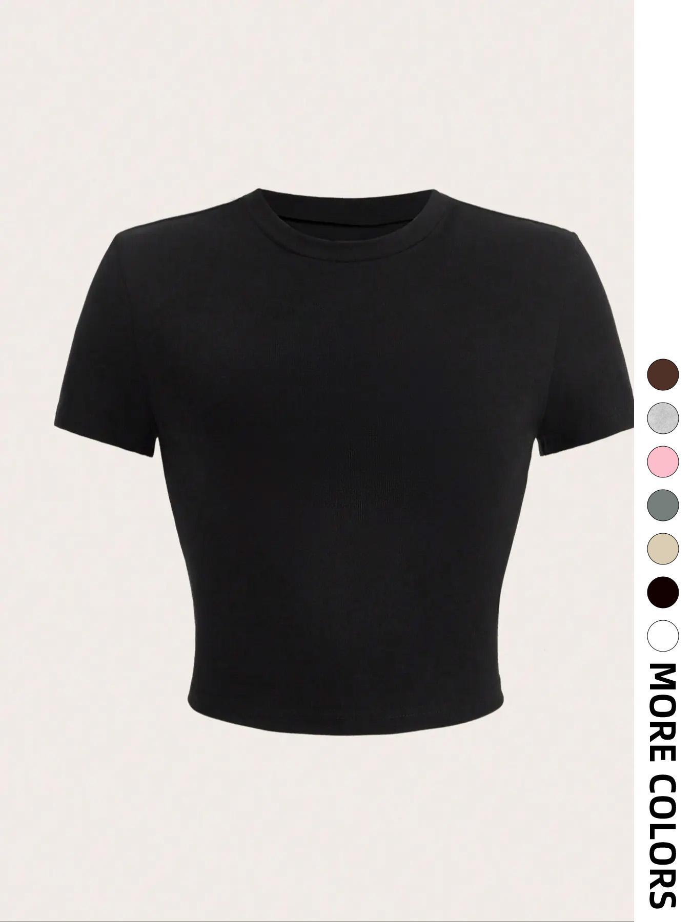 Women's Letter & Heart Print Round Neck Crop Tee, Casual Short Sleeve T-shirt, Summer Clothes, Women's Top for Daily Wear, Womenswear