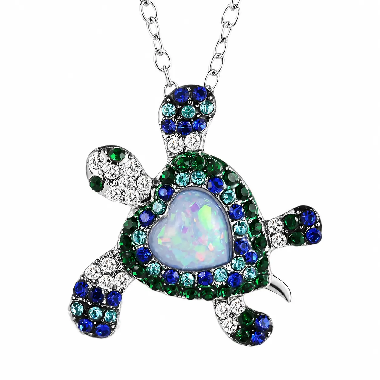 Adjustable Alloy Mix Blue Sea Turtle Pendant Necklace with Crystal Zircon Inlay, Ocean Vibe Rhinestone Glow Fashionable Jewelry, Versatile Heart Birthday Gift