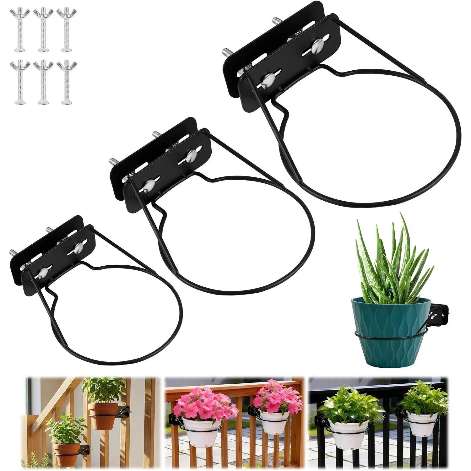 For Railscapes Plant Holder Between Rails Metal Hanging Plant Pot Stand | 3pcs Heavy Duty Hanging Plant Holder Adjustable Width for Plants Railings for Balcony Patio and Stair