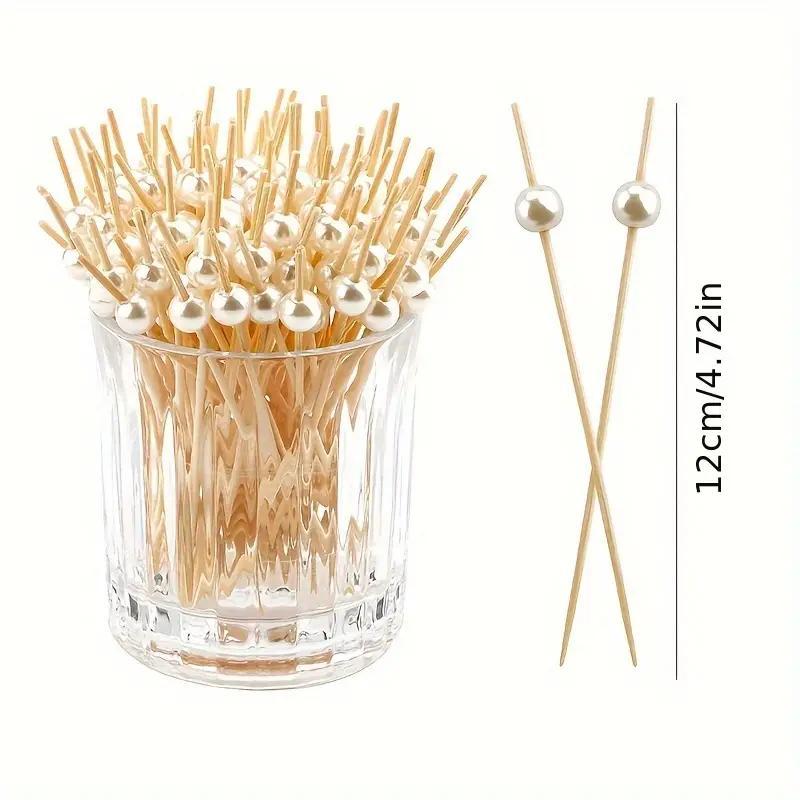 Bamboo Fruit Stick (100pcs), Faux Pearl Decor Cocktail Stick, Party Dessert Stick, Disposable Food Stick for Party, Festive & Party Supplies, Party Accessories, Disposable Cocktail Sticks, Festival Party Supplies