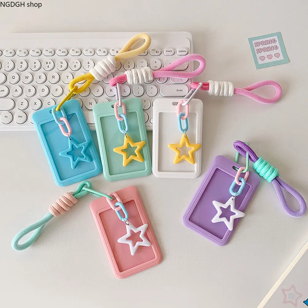 Pastel Woven ID Badge Holder with Silicone Card Case and Star Charm, Mint Pink Lanyard Strap, Cute Office Accessory for Women, Sweet Keychain Pendant for Work, School & Everyday Bag Decor.