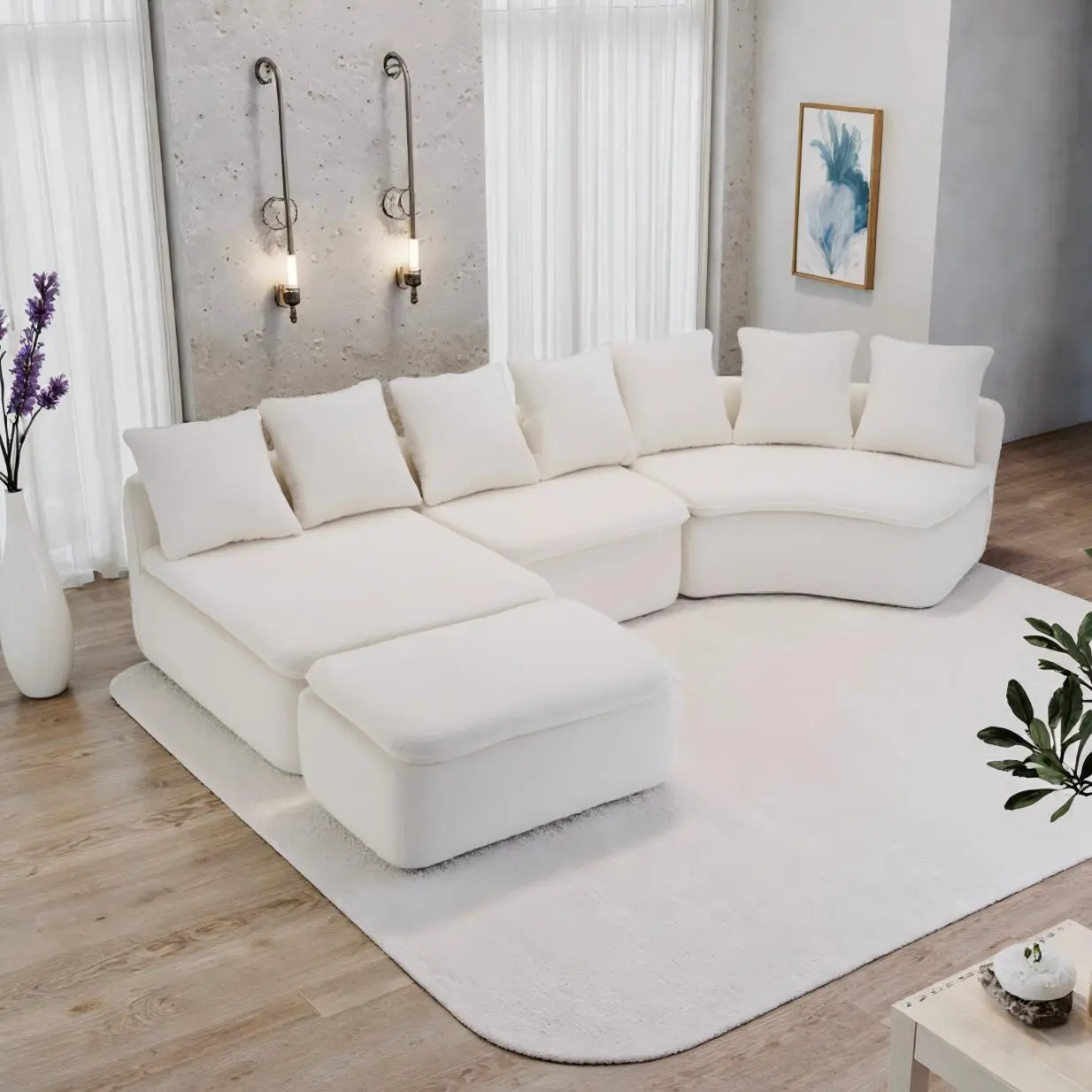 133 Inch Modular U-Shaped Sectional Sofa with Removable Recliner Module, Milk White Chenille, 10-Seat for Large Living Rooms