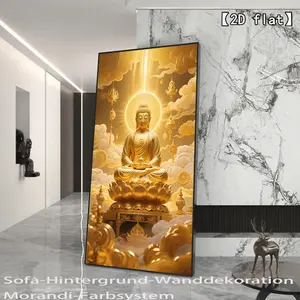 2D flat Golden Buddha statue, auspicious halo, clouds surrounding. Frameless canvas art - wall decoration, suitable for living rooms and bedrooms, aesthetic room decoration, large canvas mural