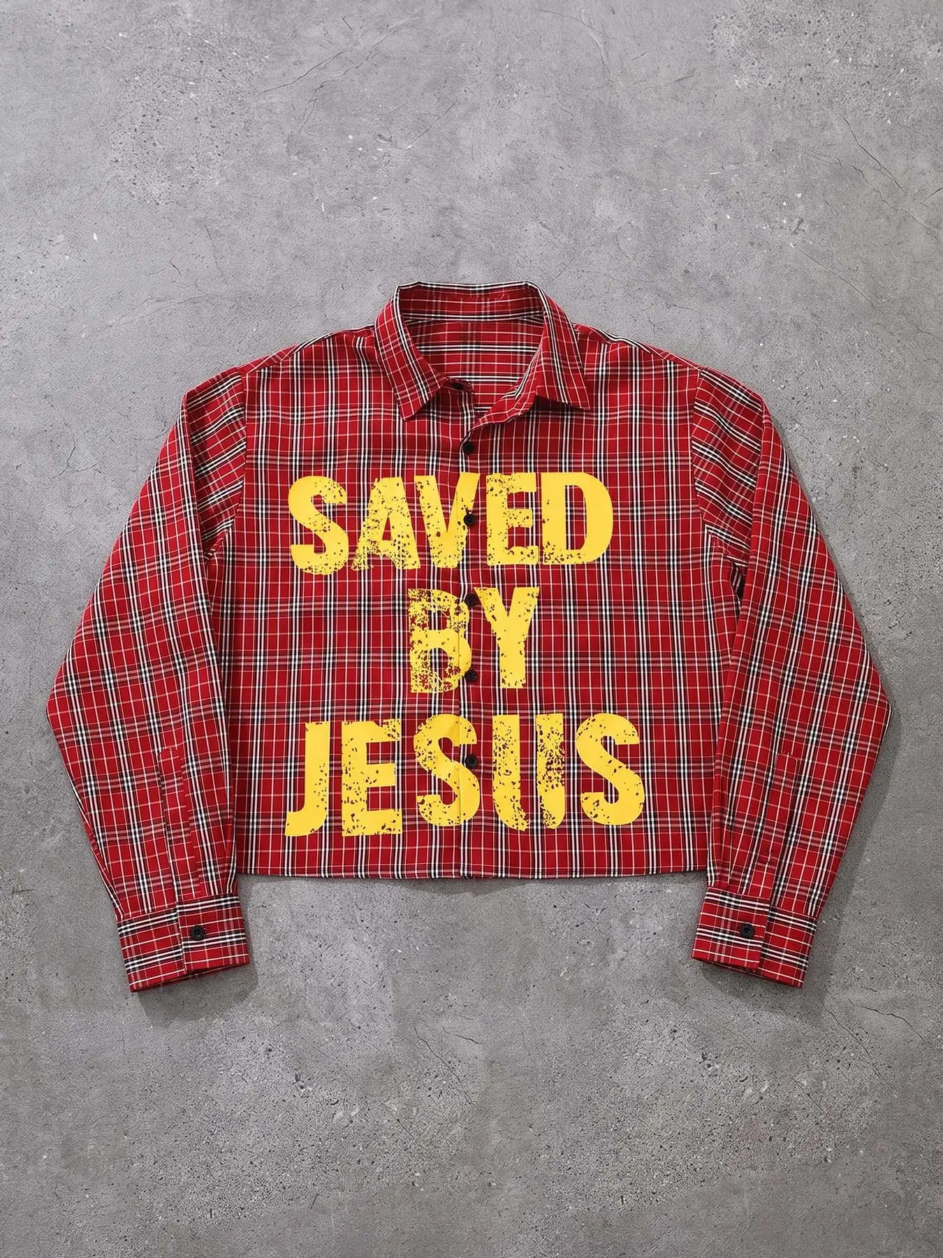 American Vintage Plaid Short Long Sleeve Blouse, Unisex Fitted Casual Shirt, Letter Print, High Waist, All Seasons