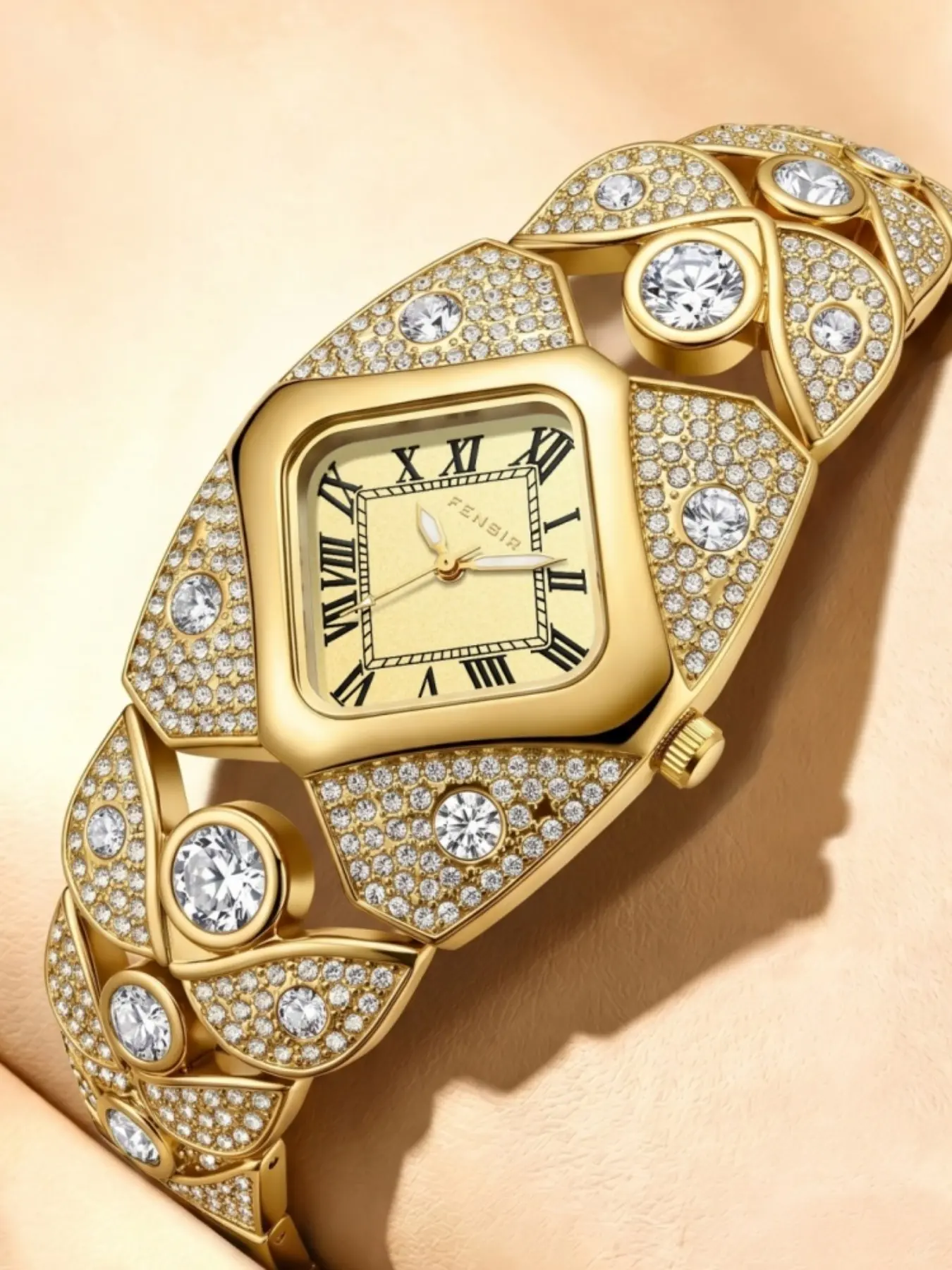 Luxury Rhinestone Women's Quartz Watch, Roman Numerals Dial, Diamond-Encrusted Strap, Waterproof, Elegant Party & Commute Watch, Gift Idea