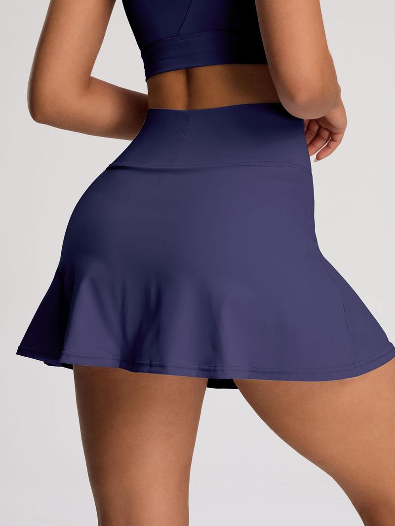Women's Solid Color High Waist Sports Skort, Sporty Overlap Waist Mini Skirt with Panty, Ladies Sportswear for Tennis Golf Workout, Lightweight Athletic Skirts