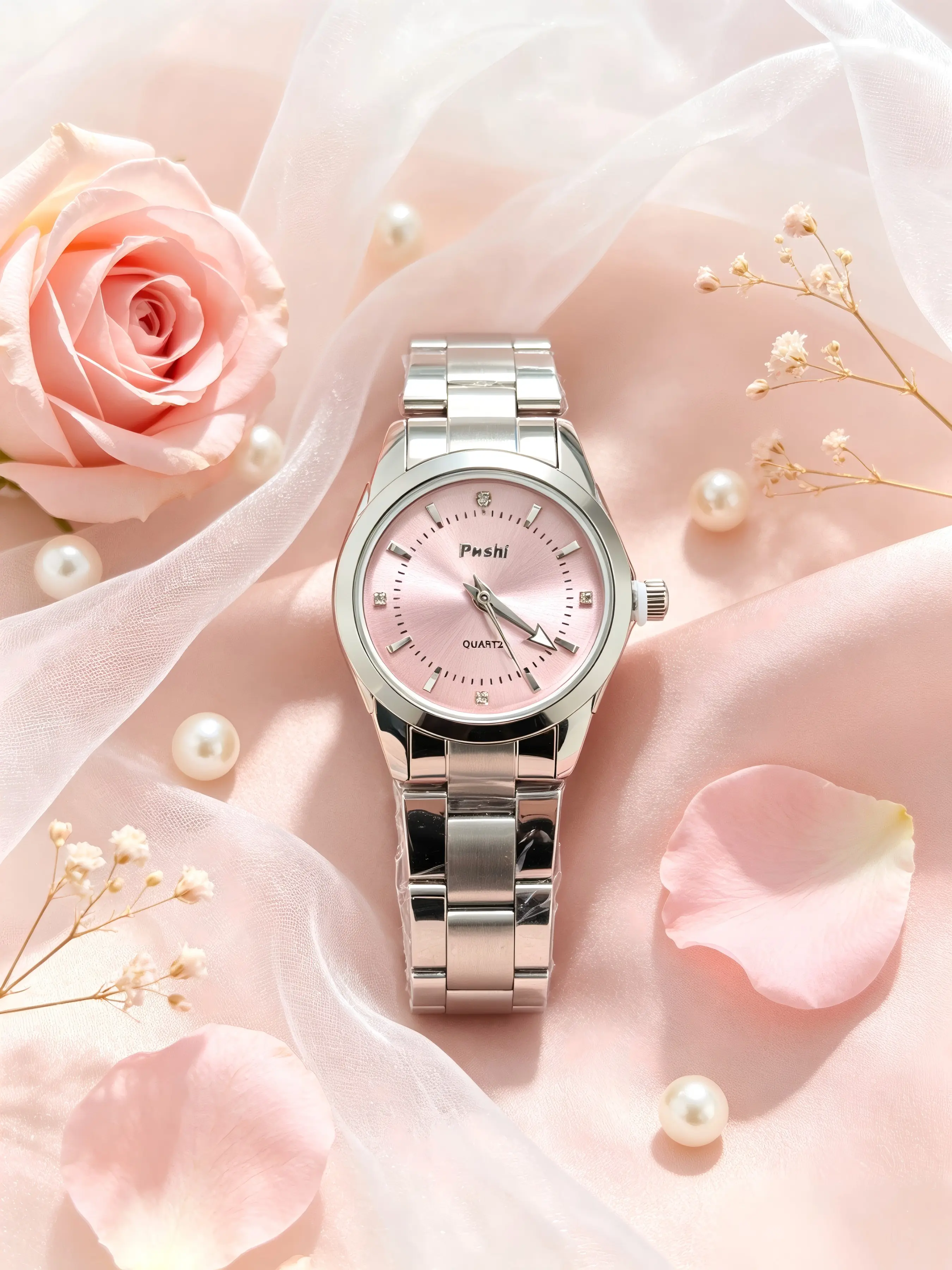 Elegant Ladies Quartz Watch, Stainless Steel Band, Minimalist Dial Design, Comfortable & Versatile, Ideal for Daily Wear, Gift-Ready Packaging