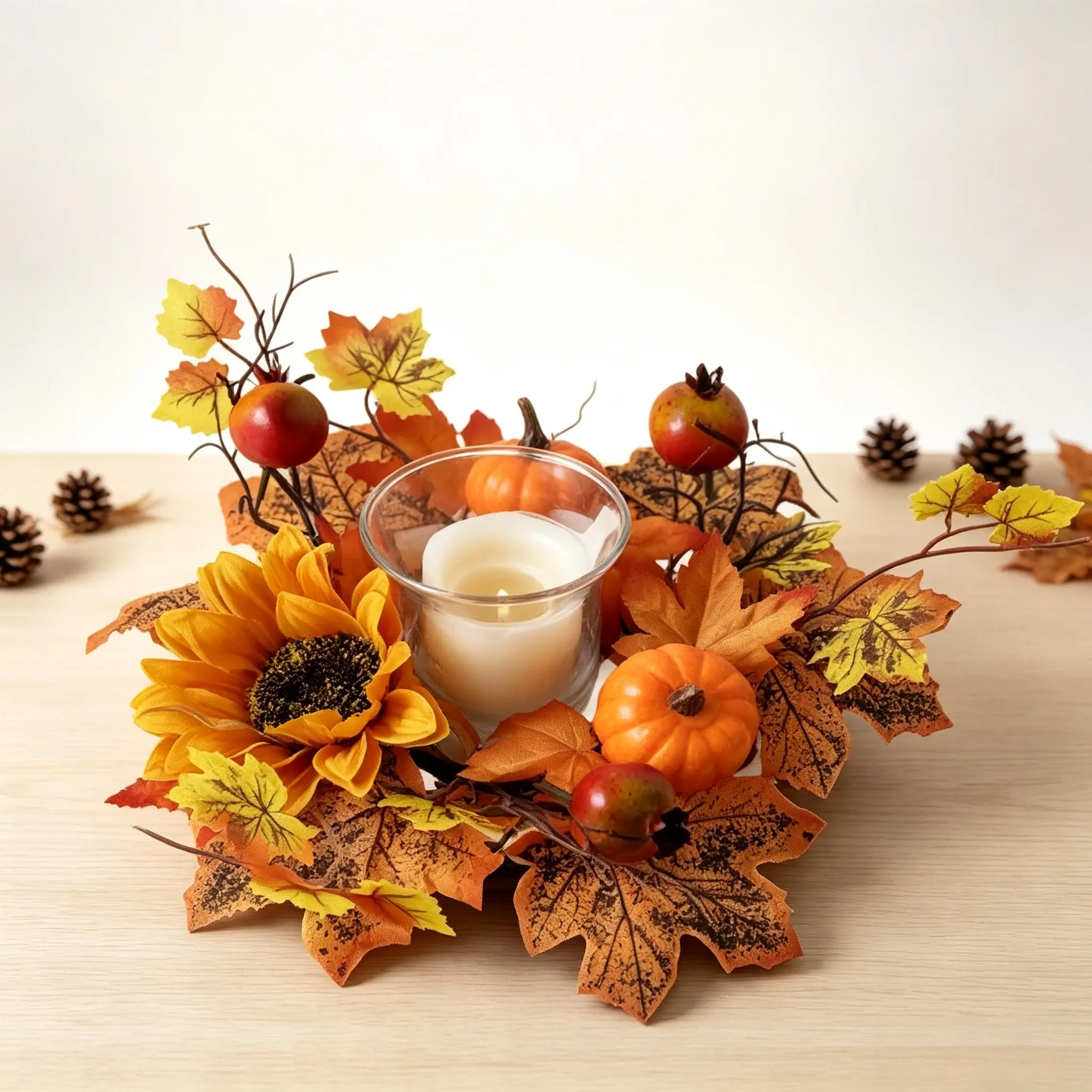 Maple Leaf Sunflower Pumpkin Candle Ring Wreath Berry Leaf Pillar Candle Garland Farmhouse Holiday Wedding Celebration Tabletop Decoration Table Centerpieces Fall Winter Kitchen Cabinet Garland Pillar Candle Holder for Thanksgiving Day Halloween