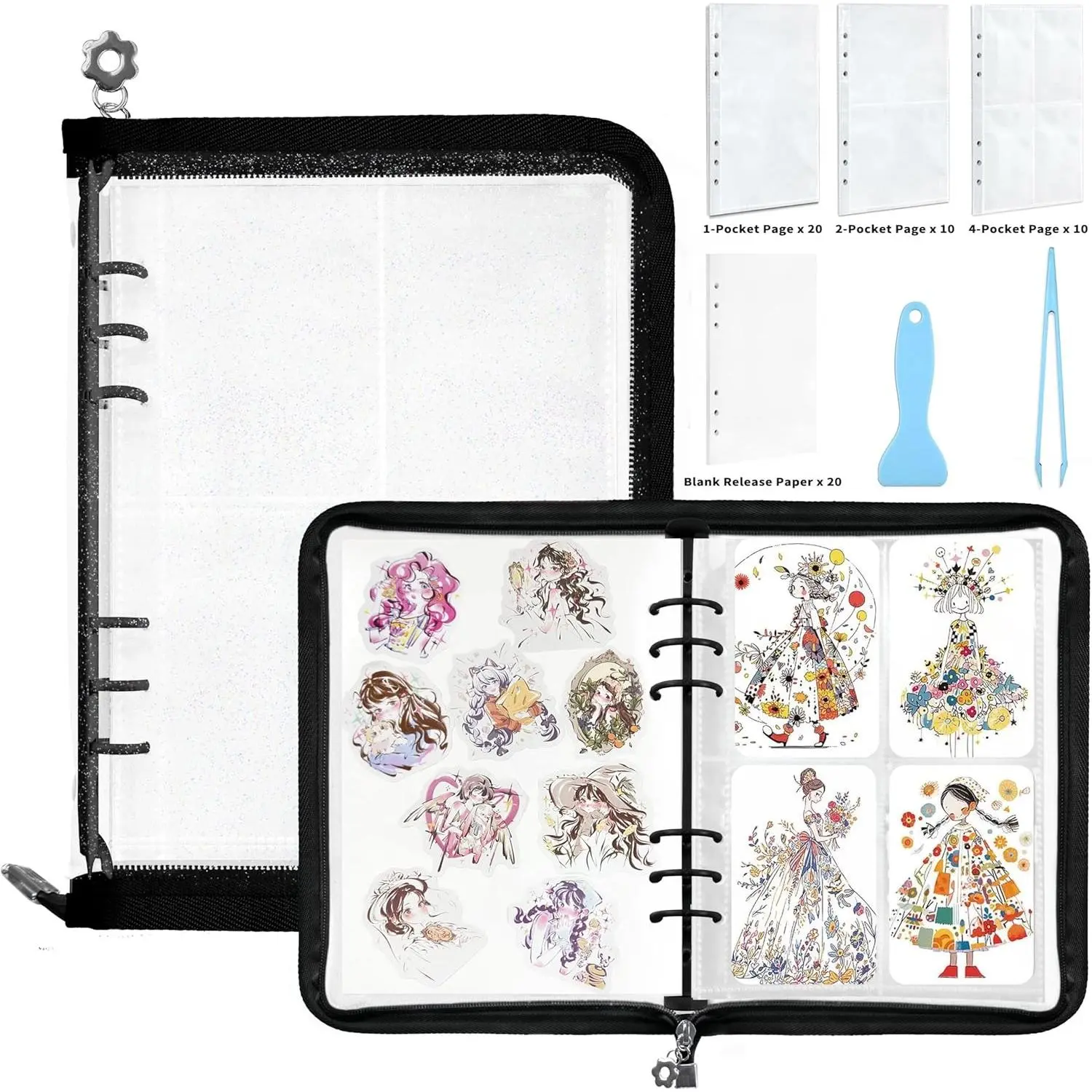 Sticker Organizer Binder Sticker Storage Organizer Reusable Sticker Book Collecting Album A5 Sticker Collecting Book Clear Sticker Binder Album with Blank Release Paper, Tweezer & Spatula(Black)