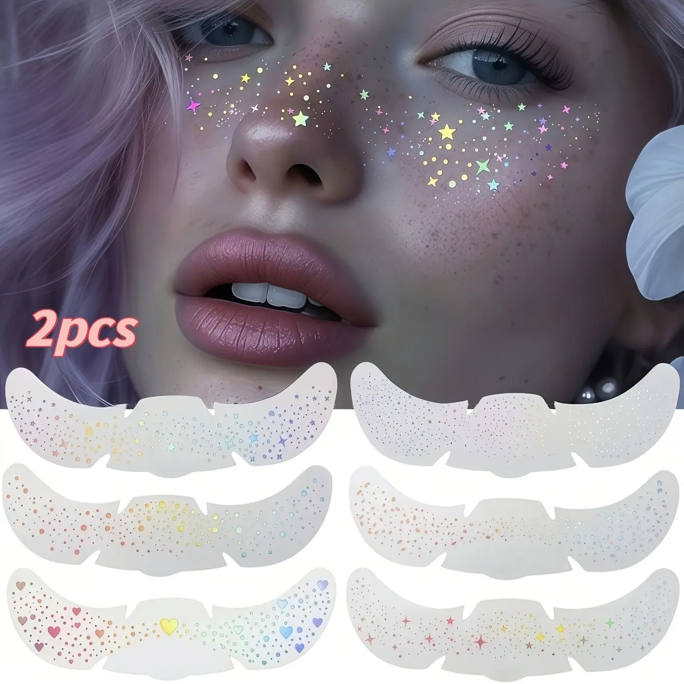 2 Pcs Mixed Glitter Laser Freckle Stickers, Rainbow Heart Star Pattern Waterproof Temporary Tattoos, Glitter Freckles Face Tattoo, Party Festival Daily Makeup Decorations