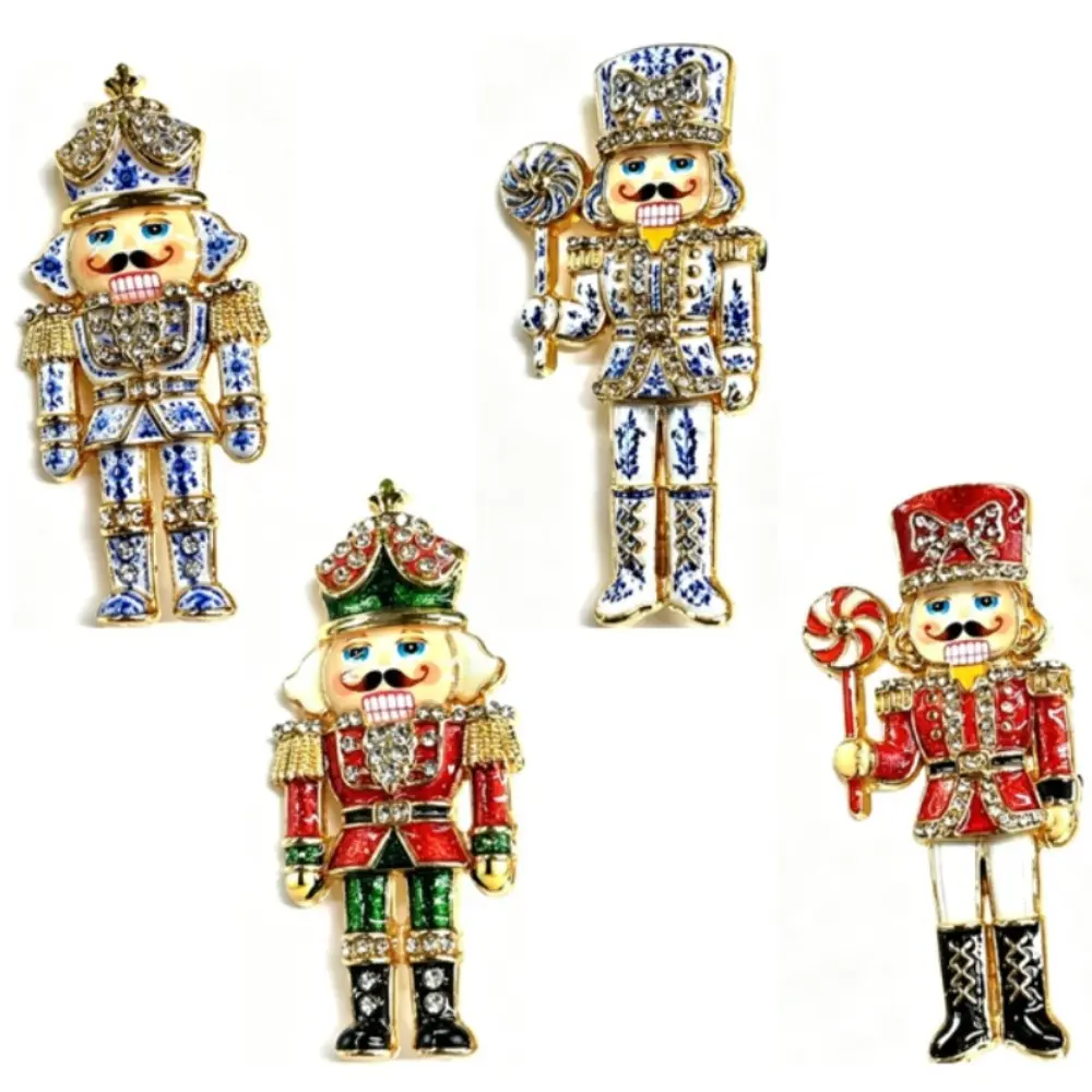 4 Styles Nutcracker Soldier Brooch Red Blue Enamel with Crystal Christmas Character Vintage Clothing Pin Set