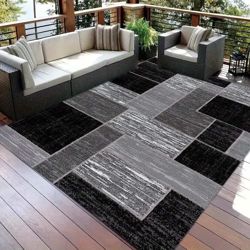 Veluma 1pc Large Black-Gray Geometric Pattern Outdoor Floor Mat - 100% Polyester Machine Washable Decorative Mat, Suitable for Indoor And Outdoor: Patio, Balcony, Poolside, Courtyard, Living Room, Bedroom - Durable Modern Design Rectangular Outdoor Rug