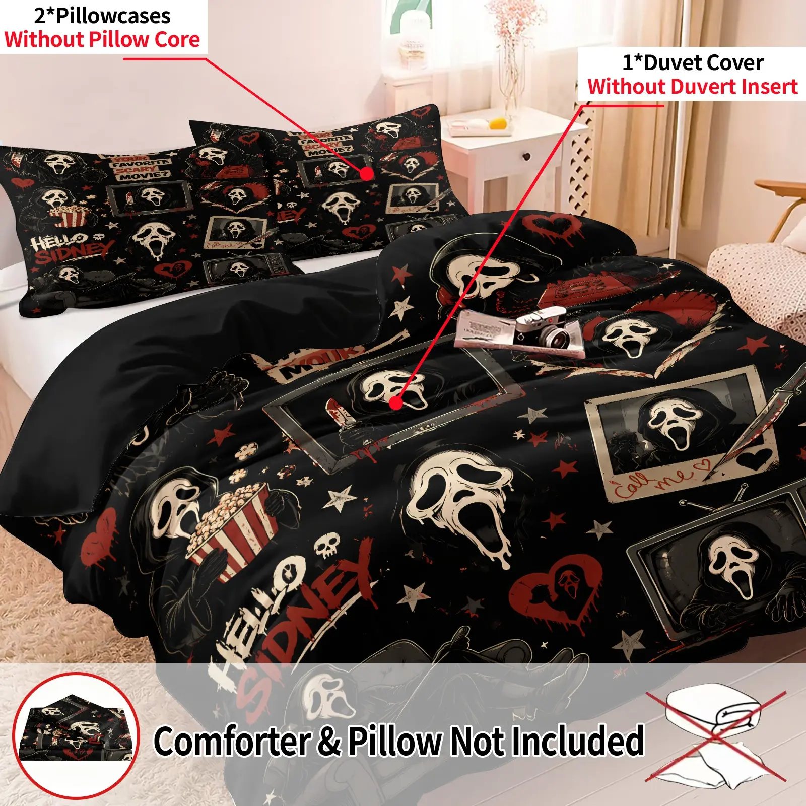 3PCS Ghostface Scream Duvet Cover Set, Includes 1 Duvet Cover and 2 Pillowcases, Soft Comfortable Breathable All Season Use, Horror Movie Character Print Bedding Set, Halloween Dark Aesthetic Bedroom Decor for Horror Movie Fans Teens