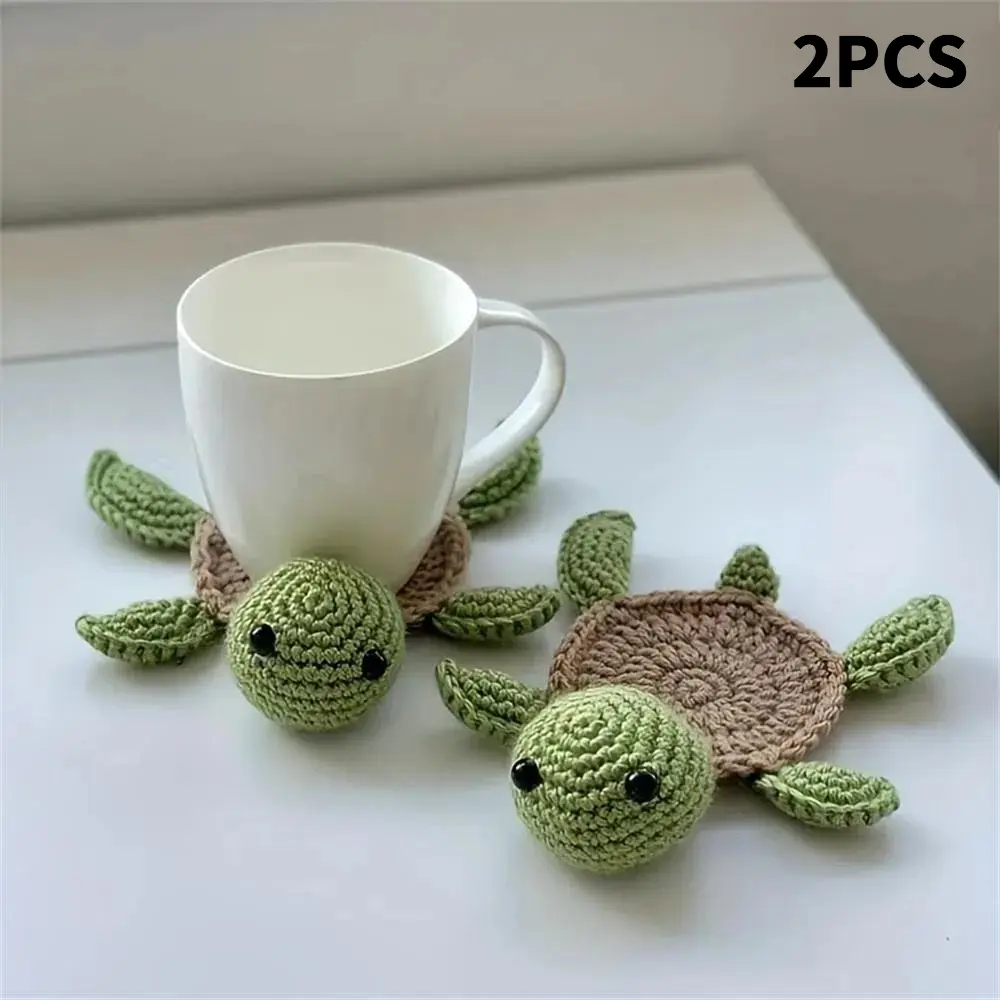 2Pcs Thick Handmade Crochet Turtle Coaster Set, 17x12cm Heat-Resistant Knitted Tortoise Cup Mats, Woven Home Decor for Kitchen Desk