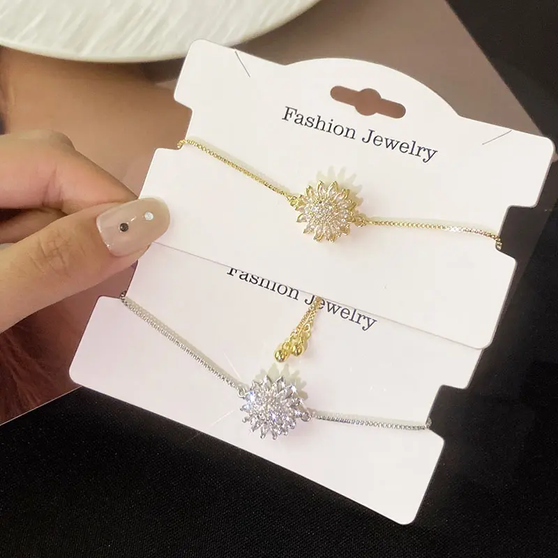 Sweet Luxurious Zircon-Inlaid Sunflower Charm Bracelet - Brass Base, Adjustable Drawstring, Chunky/Slim Option, Commute Ready Fashion Accessory