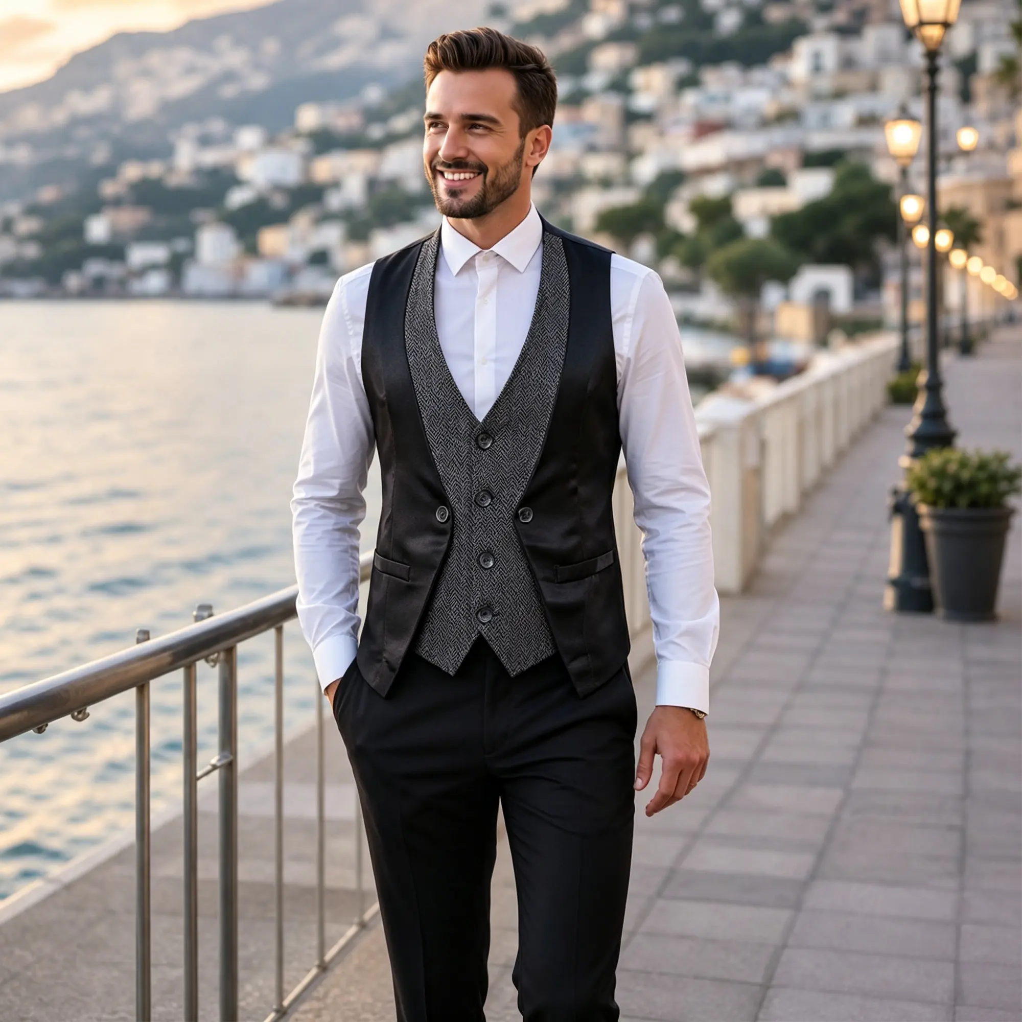 Men's Fashion Vest, Retro Herringbone Tweed with Slim Fit Layered Look, Buttons & Pockets for Business or Evening Parties, Chic, Rayon, Fitted, Textured, Menswear, Striped, Business Wear, Side Pockets, Wedding, Work, Woven, Waistcoat