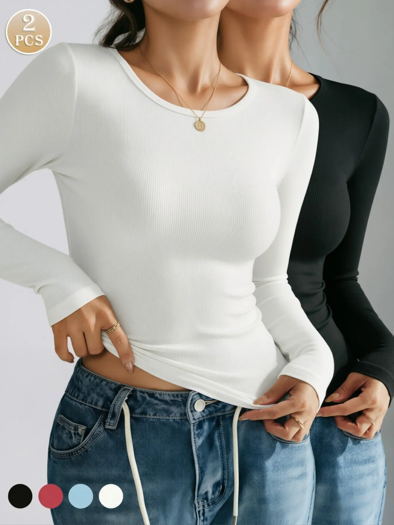 2-Pack Women's Multi-Color Stretch Ribbed Bodysuit, Long Sleeve Casual Top, Spring & Fall Essential, Plain Design, Loose Fit