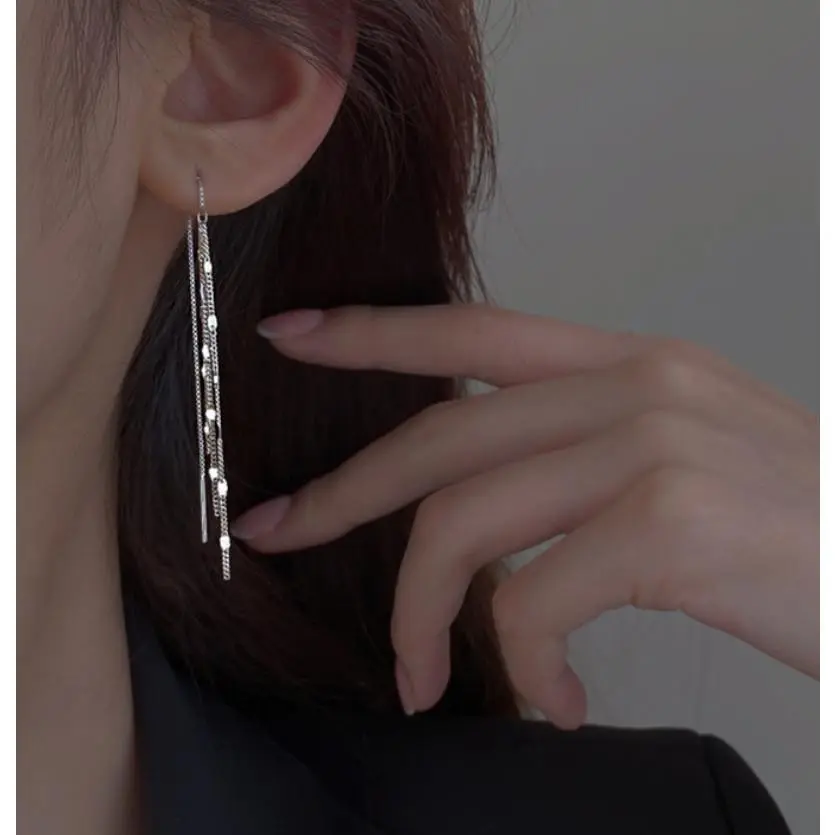 2Pcs 925 Silver Plated Threader Earrings Dainty Chain Tassel Drop Earrings TH1