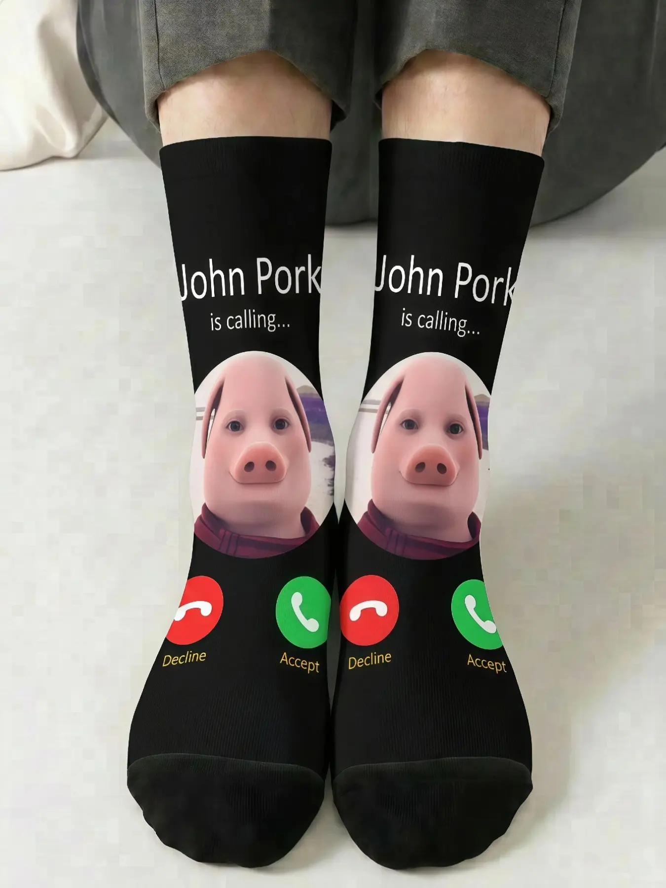 1 Pair of John Pork “Call” Meme Mid-Calf Socks  Funny “Call” Interface Print  Unisex 360° All-Over Print Design—Trendy Socks, Perfect as Gifts