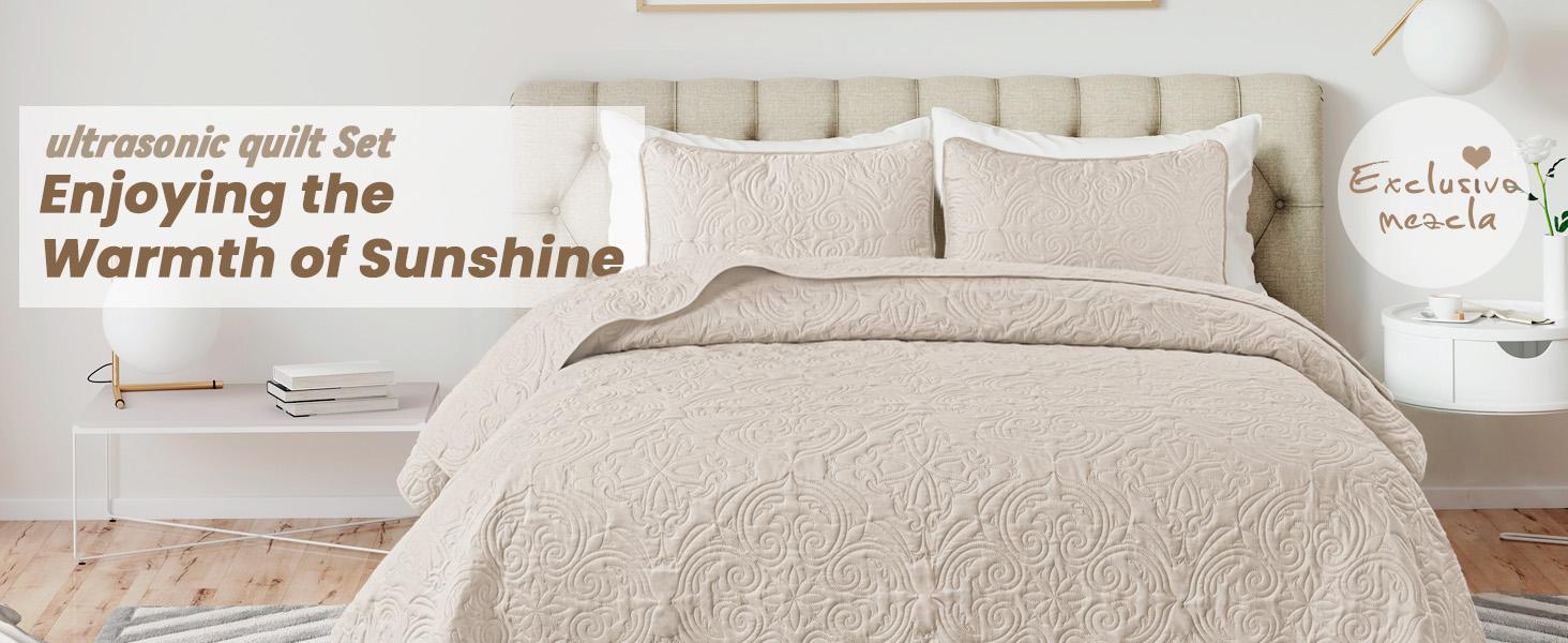 Queen Size Bedding Set with 2 Pillow Shams, Lightweight Taupe Full Queen Bedspread with Vintage Damask Pattern, Soft Bedspreads Coverlets for All