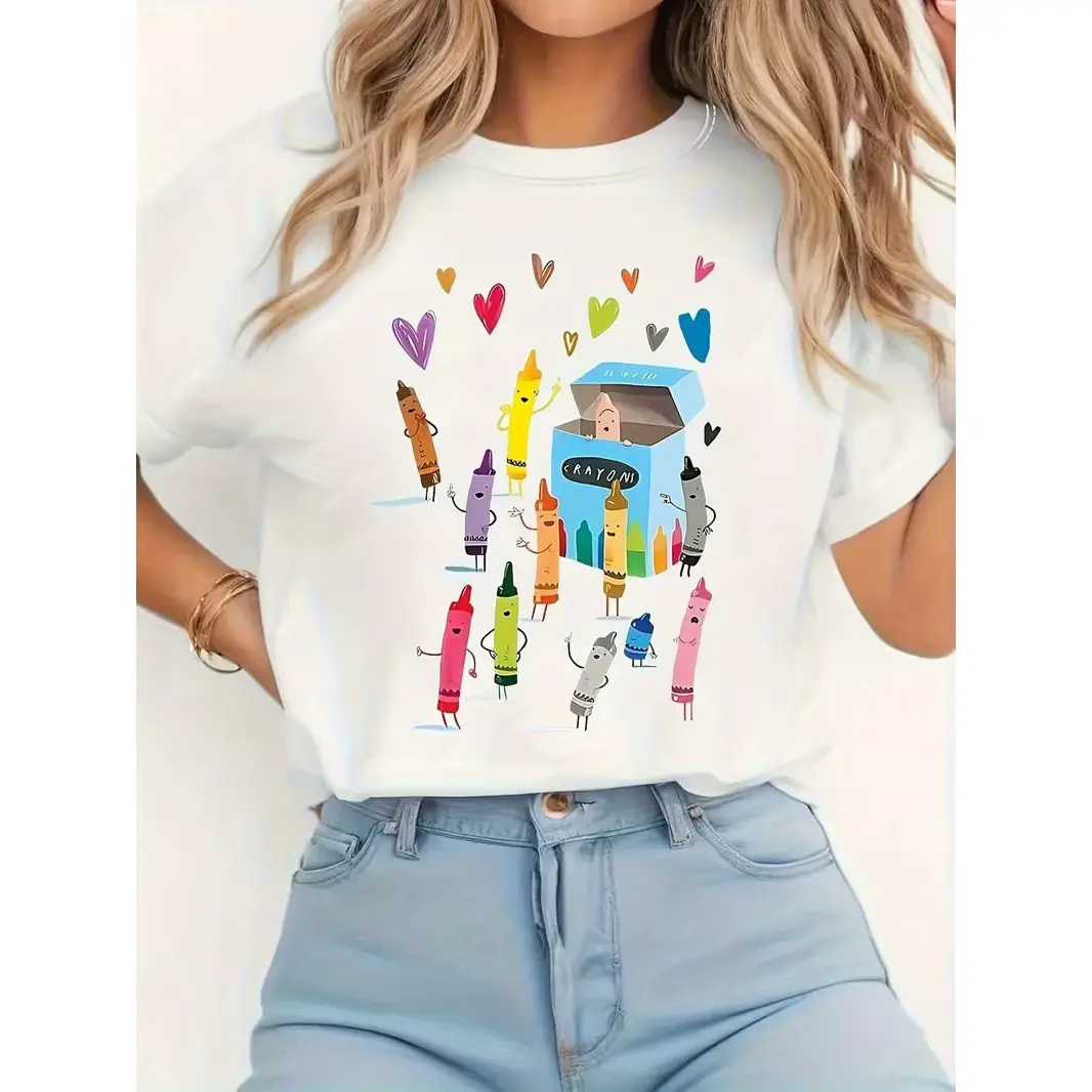 100% Cotton Crayon Print T-Shirt - White Casual Short Sleeve Crew Neck Tee with Colorful Crayon & Crayons Box Graphic, Playful -Inspired Design for Spring Summer Fall, Events & Casual Wear (Machine Washable)