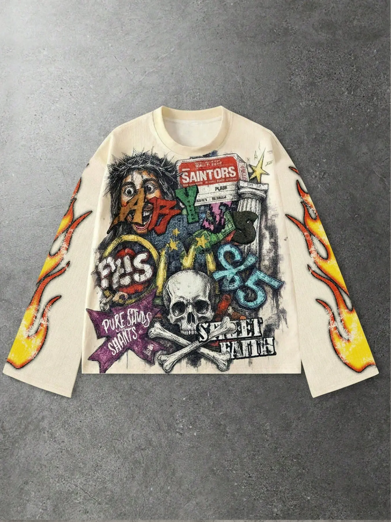 1 Pc Waffle Knit Long Sleeve T-Shirt Men Y2K Skull Flame Graphic Crew Neck Loose Top Hip Hop Streetwear Daily Skate Outfit