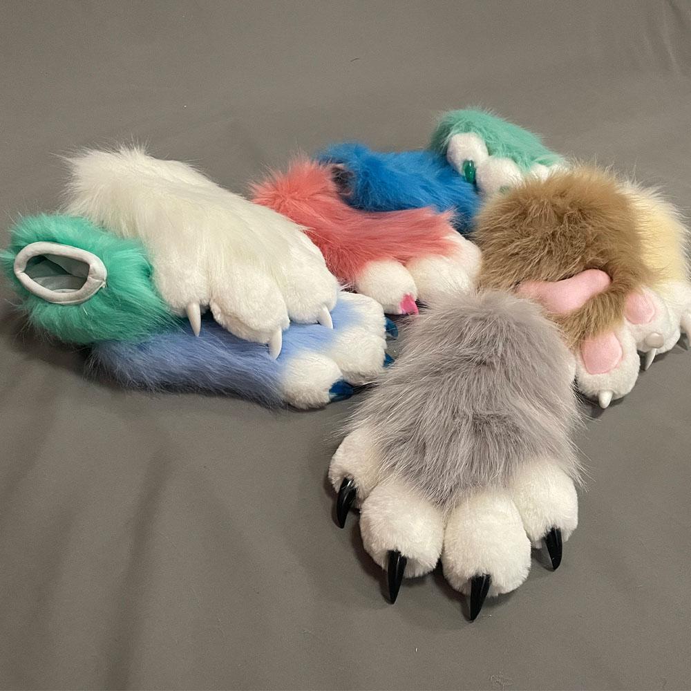 Faux Fur Plush Furry Cat Claw Gloves Fursuit Animal Fox Paws Mittens Halloween Cosplay Costume Accessories for Adult