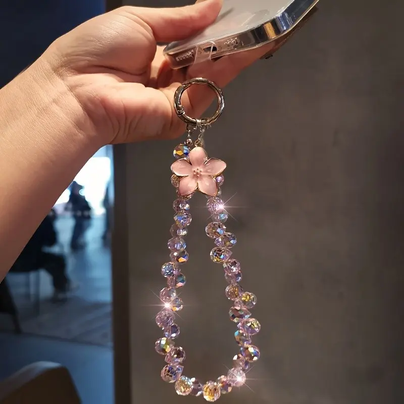 1/2pcs Premium Crystal-Like Beaded Handbag Strap with Flower Pendant, Short Wrist Lanyard, Phone Case Strap, Can Also Be Used as a Keychain or Bag Charm, Includes One Universal Attachment Clip