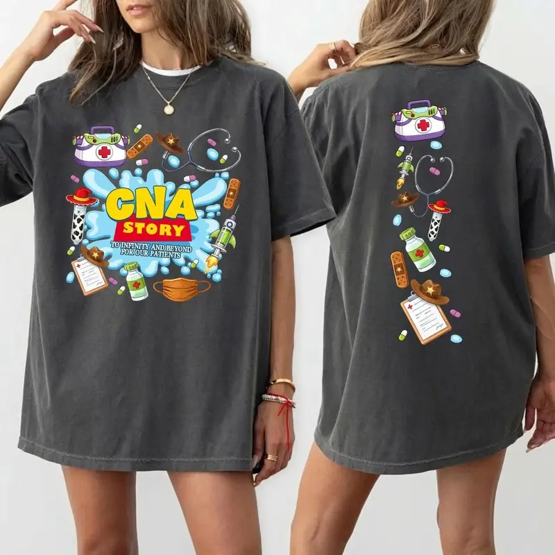 CNA Story Graphic T-Shirt| Funny Nurse Appreciation Tee| Medical Healthcare Worker Shirt| Retro Cartoon Nursing Student Oversized Short Sleeve T-Shirt
