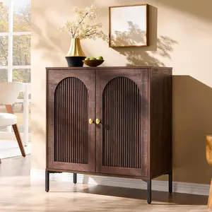 34 Inch Tall Modern Fluted Arched Solid Wooden Sideboard Buffet Cabinet Adjustable Shelf Storage Modular Coffee Bar Station Accent Cupboard Storage Furniture for Dining Room Living Room Entryway Kitchen Corridor Apartment