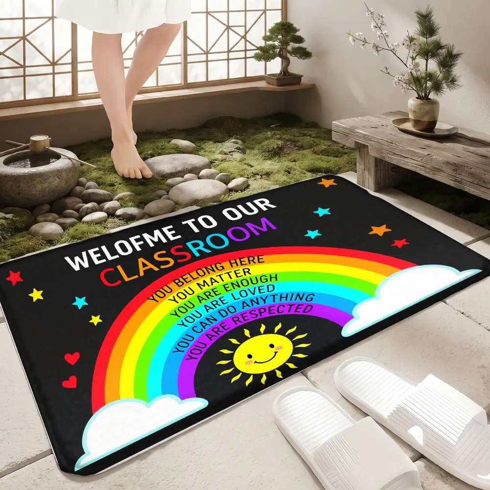 Flannel Floor Mat [Extra Large and Thick] Welcome to our classroom rainbow pattern diatomite carpet. Super absorbent, non-slip, quick-drying. Suitable for bathroom, shower room, laundry room, bedroom, living room, doorway mat, kitchen floor mat, bathroom