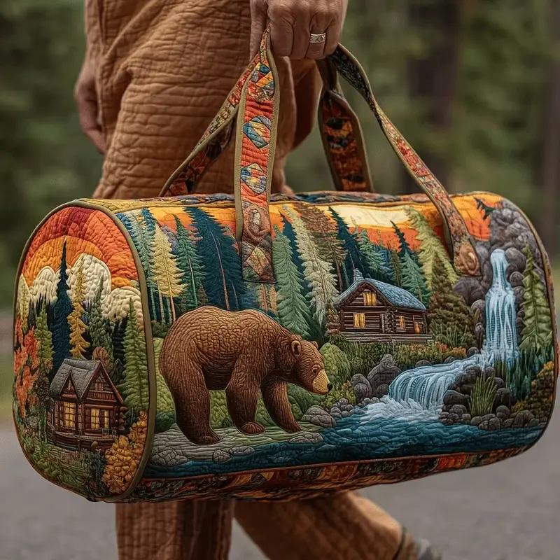 [Quilted Duffle Tote] Women's Quilted 2-in-1 Overnight Duffle Bag & Handbag/Tote - Vintage Brown Bear Forest Cabin Waterfall Patchwork Tote Suitable for Camping, Gym, Commute, Large Capacity Convertible Bag with Outdoor Hiking & Travel