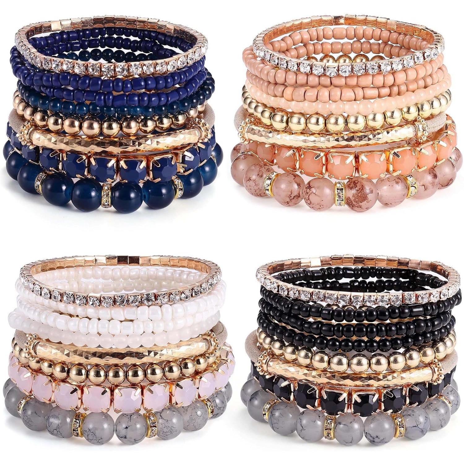 MILACOLATO 4 Sets Boho Bracelets for Women Multi-Color Layered Stackable Natural Beaded Bracelets Adjustable Stretch Bohemian Bracelets Elegant Bangle MILACOLATO 4 Sets Boho Bracelets for Women Multi-Color Layered Stackable Natural Beaded Bracelets Adjustable Stretch Bohemian Bracelets Elegant Bangle