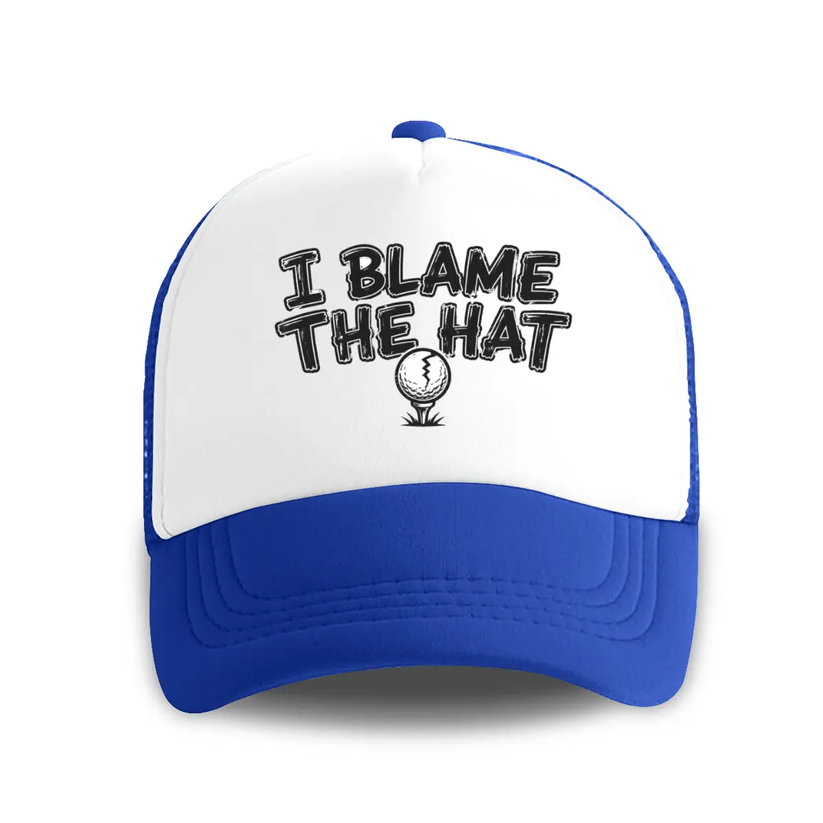 "Funny Dad Style 'I Blame the Hat' Golf Cap - White Blue Breathable Mesh Back, Curved Brim, Plastic Snapback, 4th of July Essential, Unisex Casual Wear, Letter Print, Simple Look, Summer Beach Gift, Gorras para Hombres, Skull Cap Design", One Size