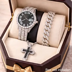 Men's Hip-Hop Cuban Chain & Watch Set – Large Dog Chain, Big Roman Numeral Dial, Diamond Detail Quartz Watch