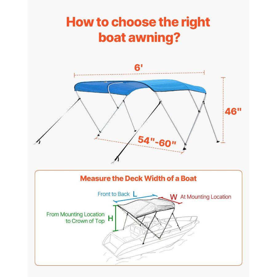 VEVOR 3 Bow Boat Bimini Tops, 600D Polyester Canopy with Aluminum Alloy Frame, Waterproof Sun Shade Boat Awning Canopy with Storage Bag, 2 Support Poles, 4 Straps, 6'Lx(54-60)Wx46H, Pacific Blue