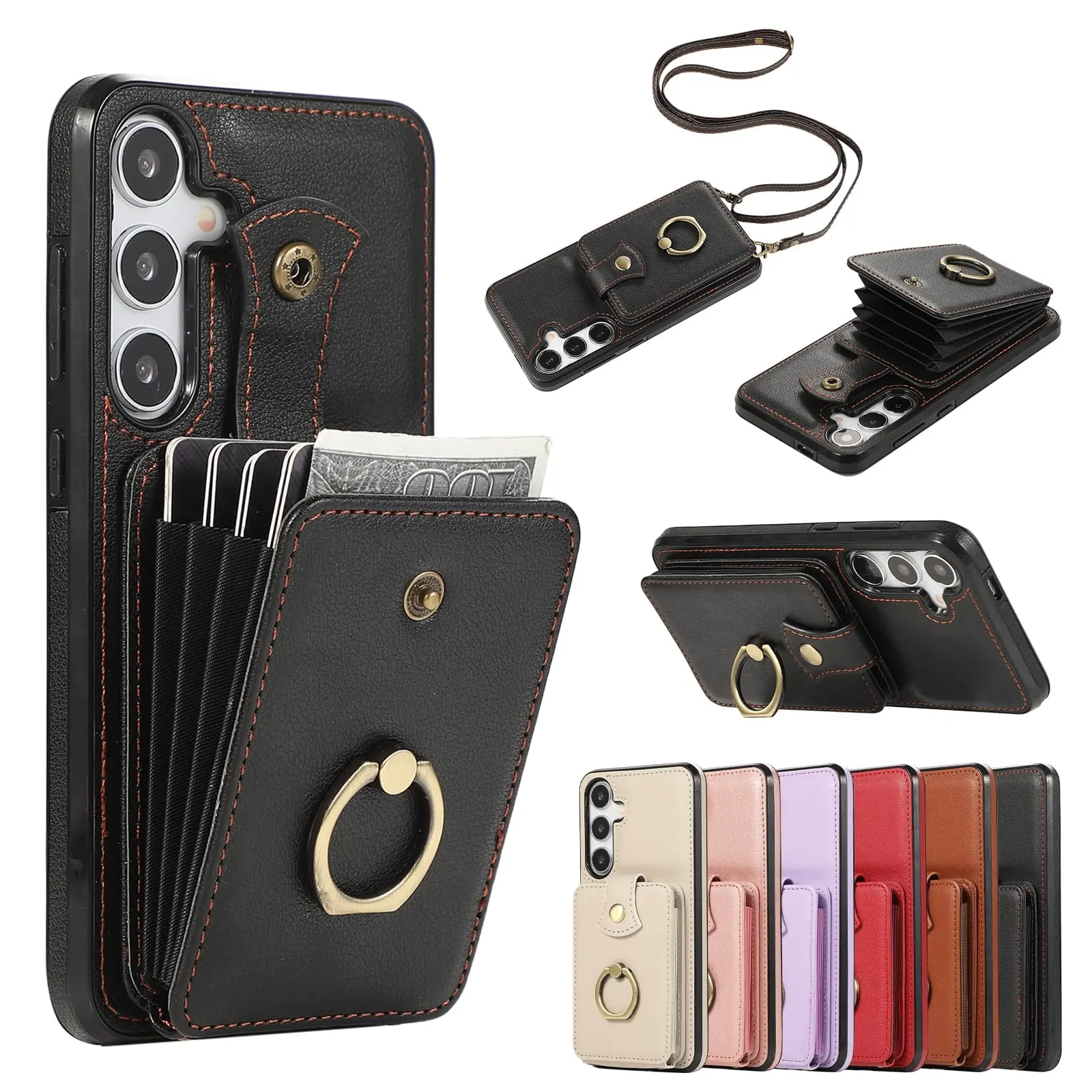 for Samsung Galaxy A26 A36 A56 Case Wallet with Card Holder, 360°Rotation Finger Ring Holder Kickstand, RFID Blocking Protective Shockproof Cover