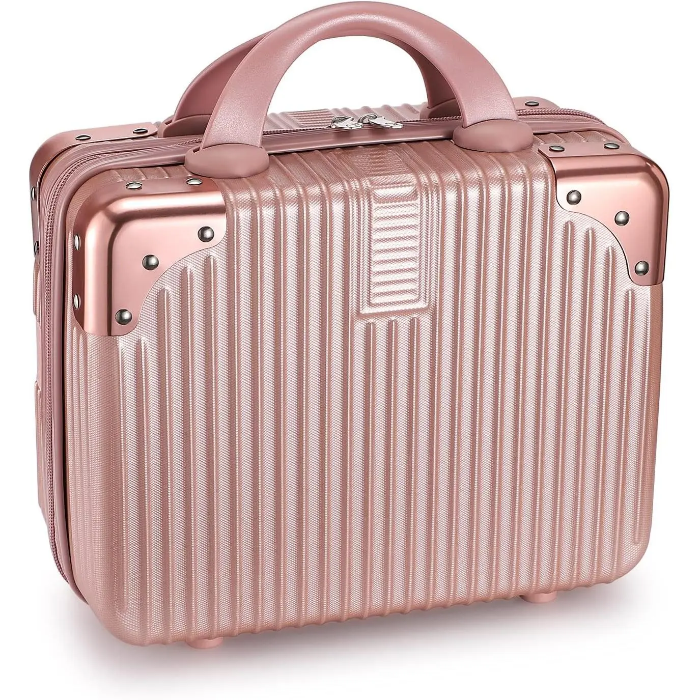 Portable Makeup Travel Case Hand Luggage 12 Inch, Pressure-proof ABS Carrying Makeup Case Suitcase with Elastic Band, Small Hard Shell Cosmetic Case for Travel Camping Women Girl - Rose Gold