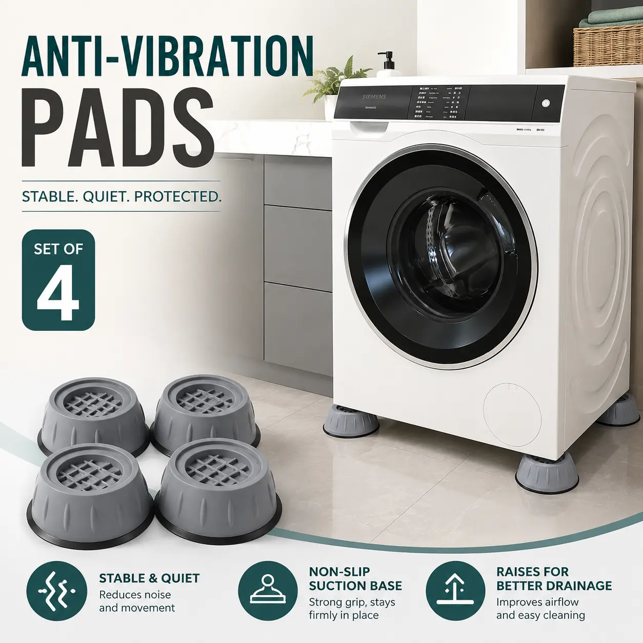4-Piece Sturdy Elevated Shock-Absorbing Feet Pads for Household Appliances.Anti-slip mats reduce noise, stop shaking,provide firm support for washers and dryers.Wear-resistant floor guards,universal stabilizer pads for tables,chairs and home equipment