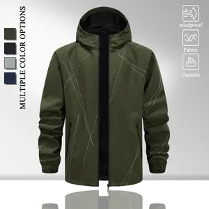 Men Adjustable Drawstring Hood Casual Jacket, Windproof Light Shell Full Zip Outerwear with Thin White Line Graphic, Elastic Cuffs Zipper Side Pockets, Loose Fit Coat for Hiking Sports Daily Travel, Multiple Neutral Tone Options