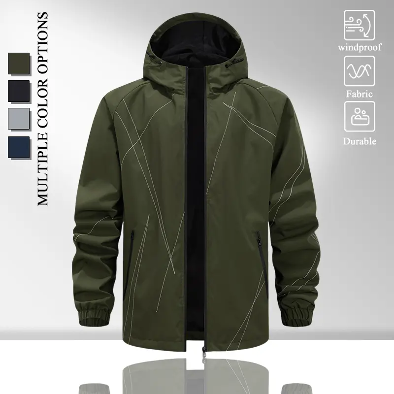 Men Adjustable Drawstring Hood Casual Jacket, Windproof Light Shell Full Zip Outerwear with Thin White Line Graphic, Elastic Cuffs Zipper Side Pockets, Loose Fit Coat for Hiking Sports Daily Travel, Multiple Neutral Tone Options