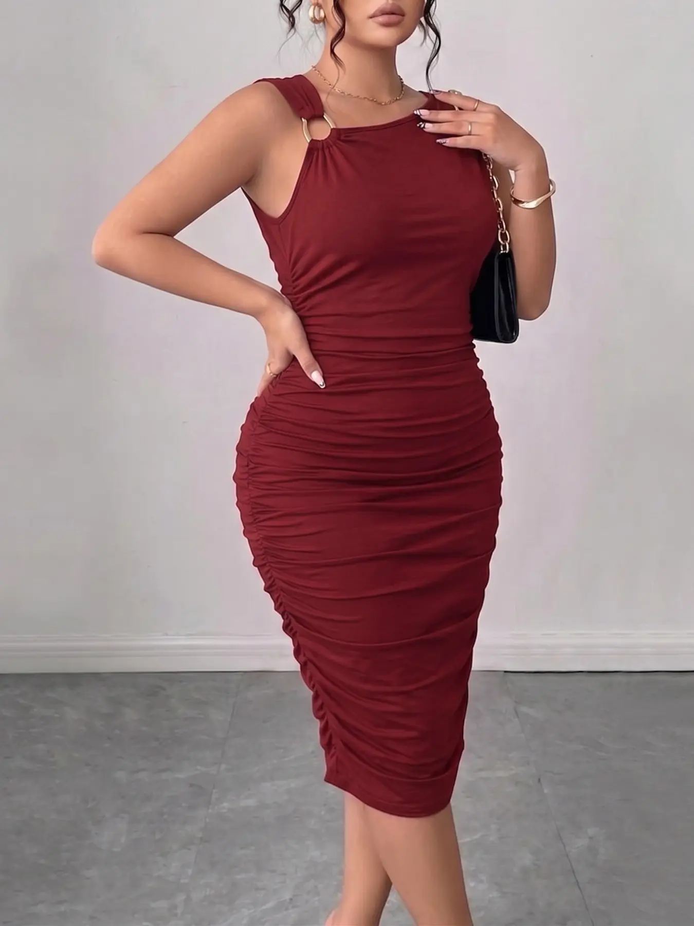 Plus Size Women Solid Color Midi Bodycon Dress, Asymmetrical Neck Metal Buckle Strap Side Ruched Stretchy Knit Fabric Sleeveless Slim Fit Silhouette, Glam Formal Elegant Style, Date Night Cocktail Party Wedding Guest Evening Outfit