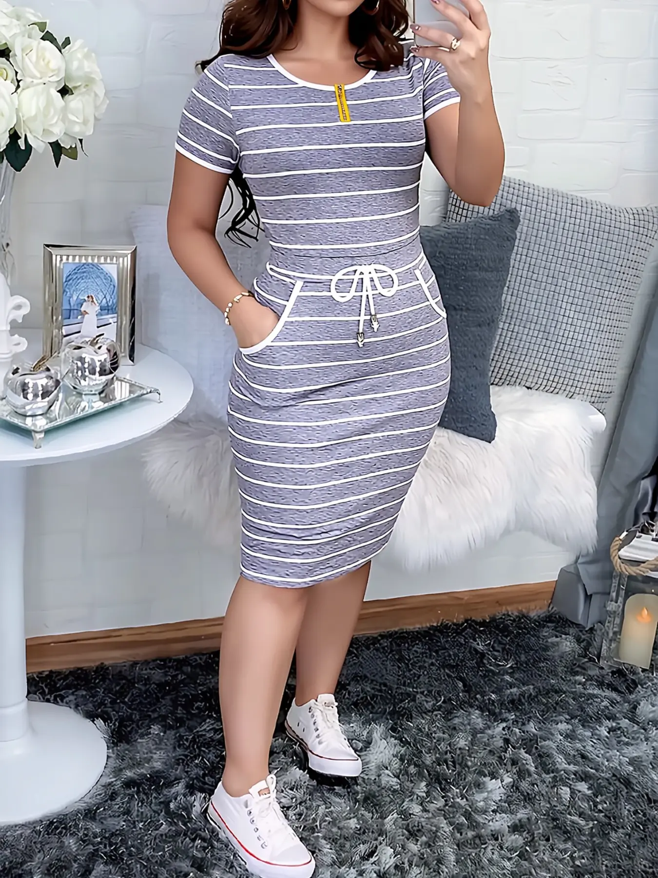 2026 New Women's Casual Tight-Fit Dress, Dual Pockets, Striped Drawstring, Short Sleeve, Bodycon, Cross-Border Eu Us Fashion