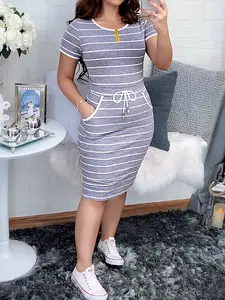 2026 New Women's Casual Tight-Fit Dress, Dual Pockets, Striped Drawstring, Short Sleeve, Bodycon, Cross-Border Eu Us Fashion