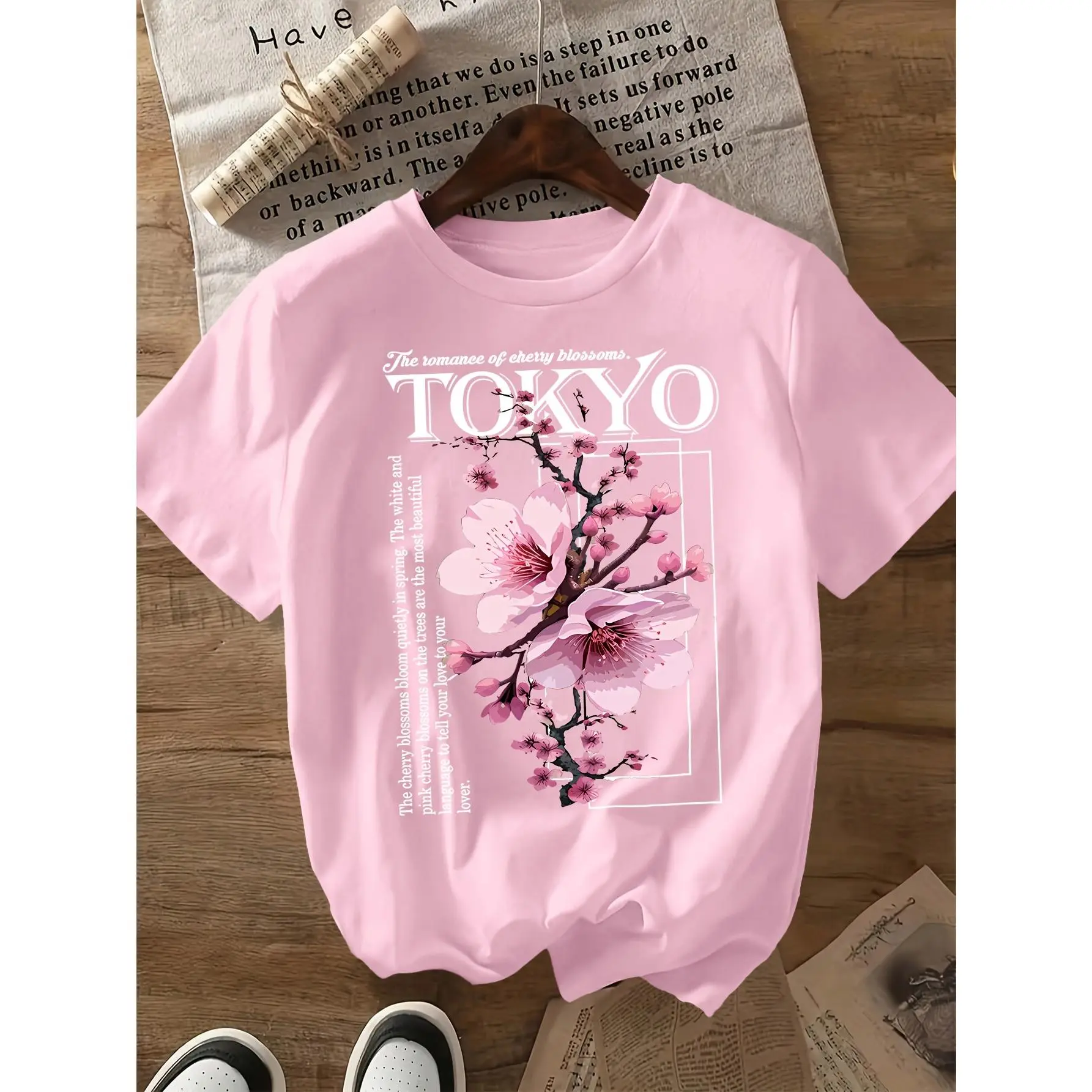 Women's Pink T-Shirt- Soft Everyday Cherry Blossom Top, Lightweight Summer Shirt Suitable for Casual Wear and Tokyo Themed Events
