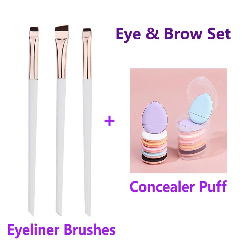 New 3-piece blade-style eyeliner brush set with 6 mini concealer puffs, portable flat-head eyebrow brush for brow contouring and makeup tools