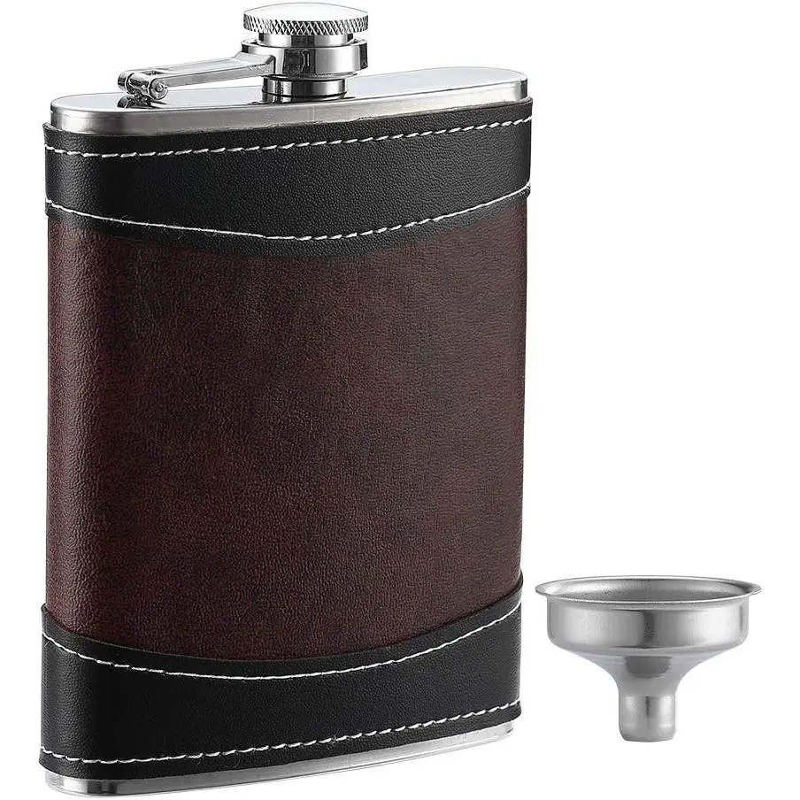 Premium 1 Pack 8 Oz Hip Flask for Liquor Soft Touch Leather Wrap with Funnel,18/8 Stainless Steel Highest Food Grade Leak Proof Classic Flask