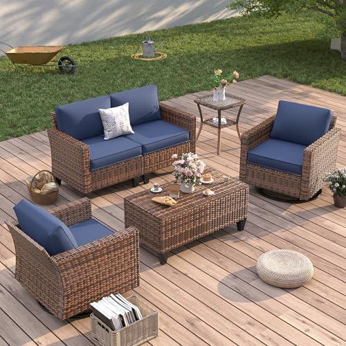 UDPATIO Modern Outdoor Wicker Sofa Set, fire pittable Rattan Wicker Outdoor Sectional Set with Rocking Swivel Chairs, Wicker Rattan Outdoor Sofa Set with Storage Table and Waterproof Covers for Backyard, Deck, Porch