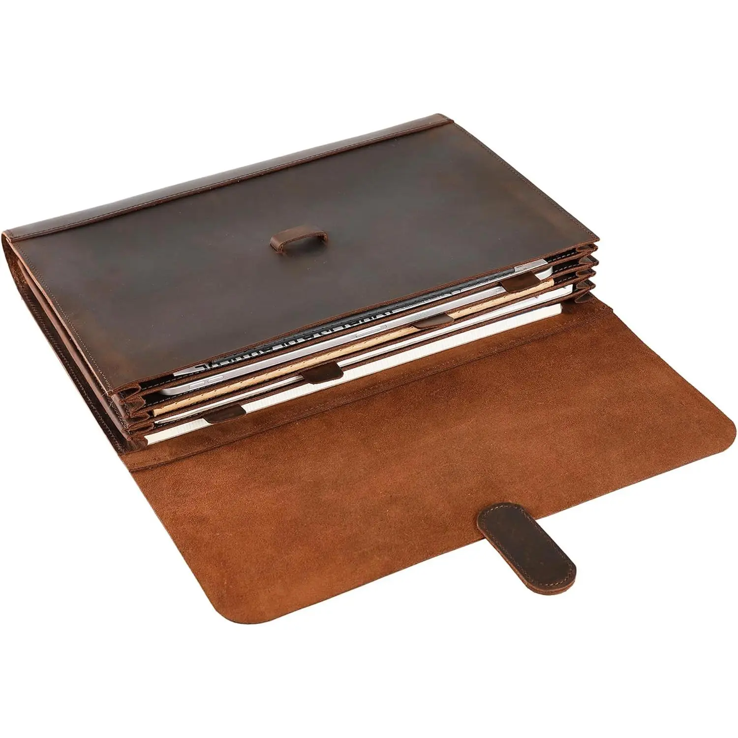 Genuine Leather File Folder, Accordian File Organizer, Leather Document Holder Resume Folio for Men & Women - Dark Brown