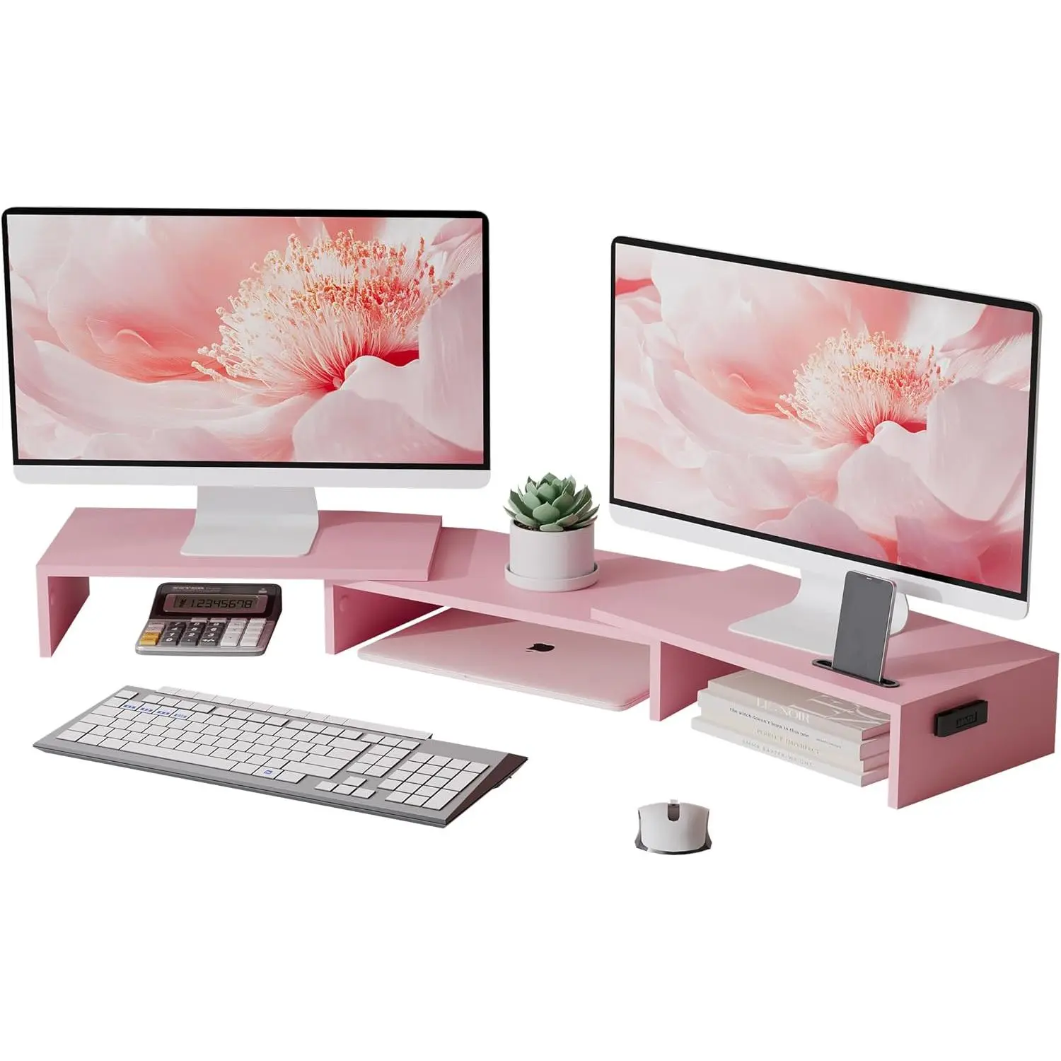 Pink Wood Frame Dual Monitor Stand Riser with Smartphone Holder, Adjustable Length & Angle, Anti-Skid ft, Quick Setup, Ergonomic Desktop Organizer for PC Monitor & Laptop, Large Storage
